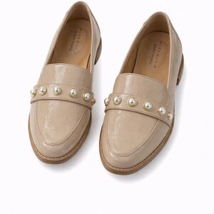 Alex Marie Taupe Loafers with Pearl Accents